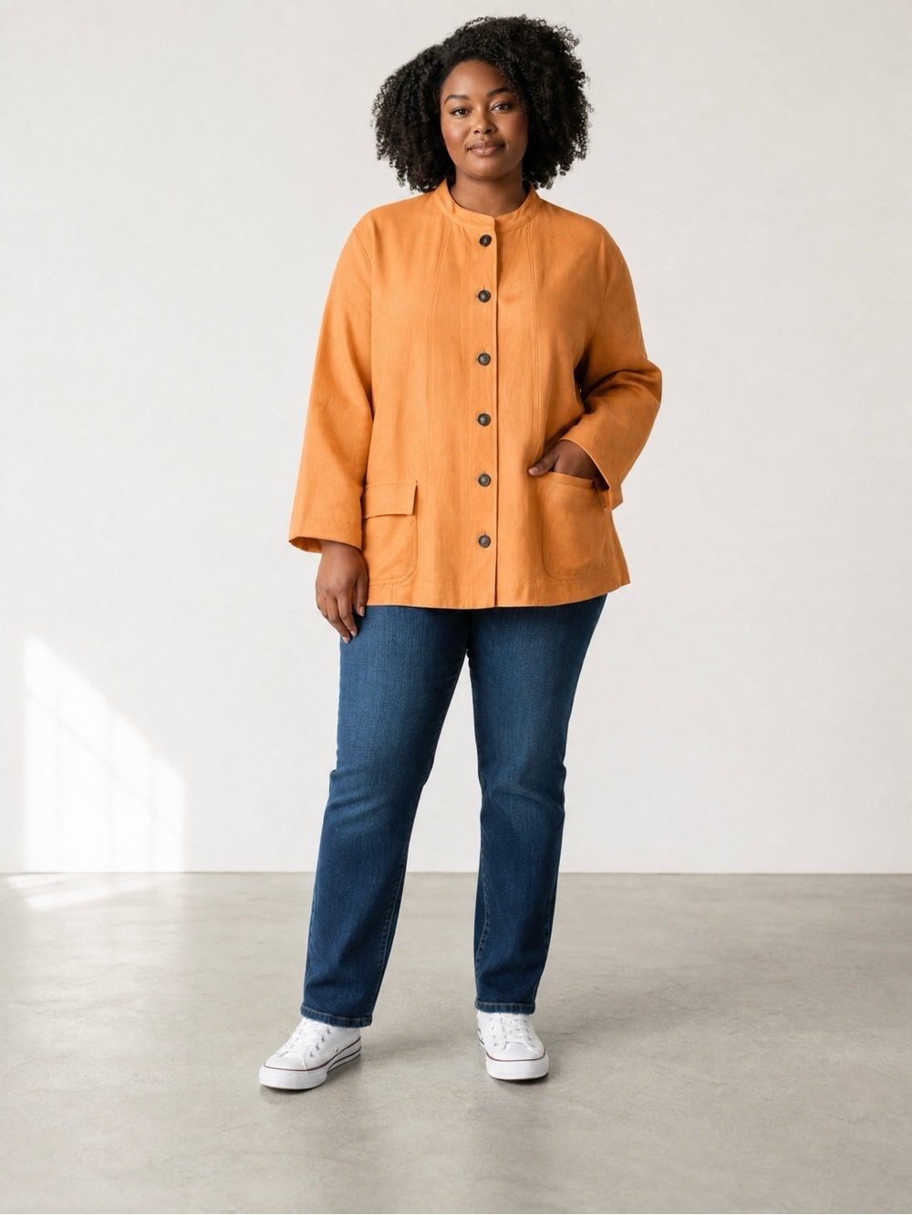 New Anne Klein Linen Orange Mandarin Collar Button Jacket Size 24W